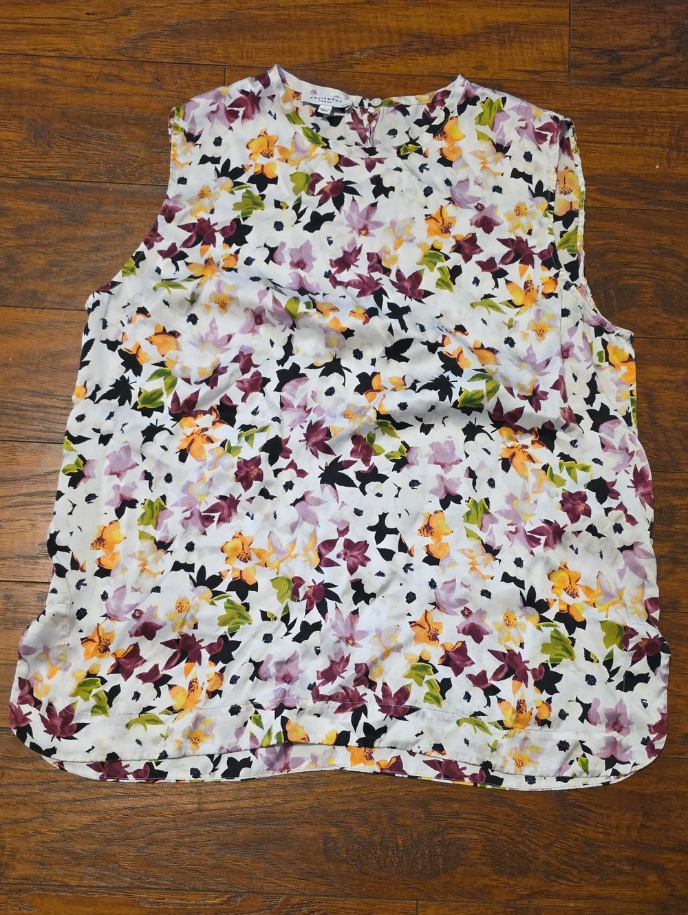 Equipment Femme White Floral Sleeveless Camisole with Yellow and Purple Accents